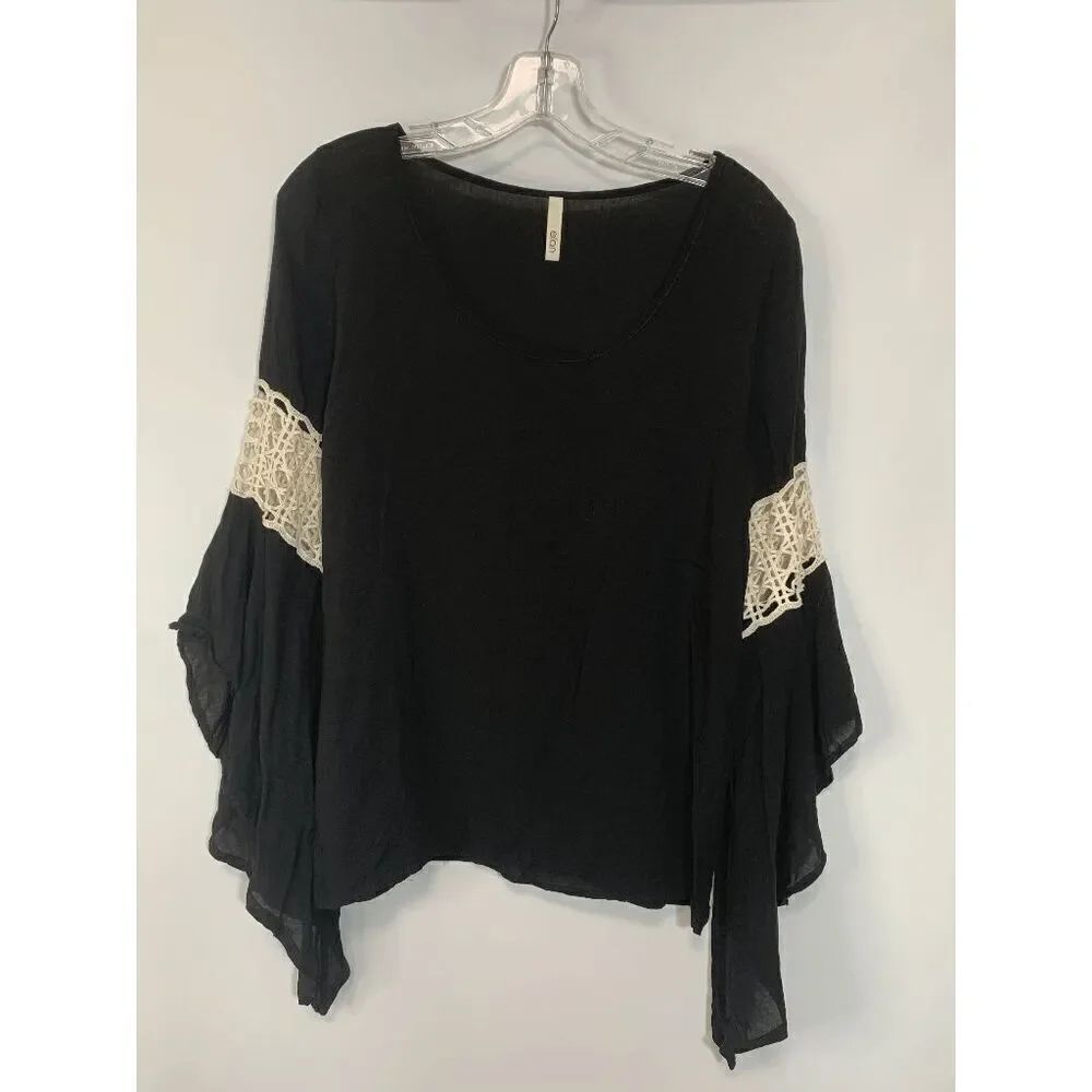 Elan Womens Blouse Bell Sleeves Perforated Black Small
